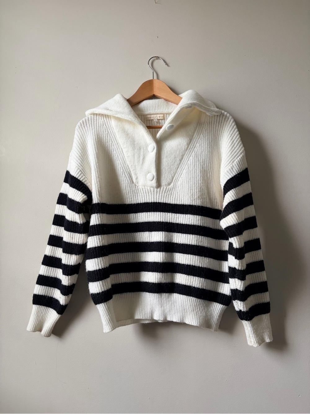 Cream and Black Striped Knit Polo Pullover Sweater